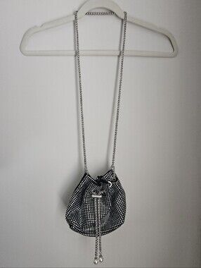 Black Rhinestone Mini Drawstring Bag With Chain